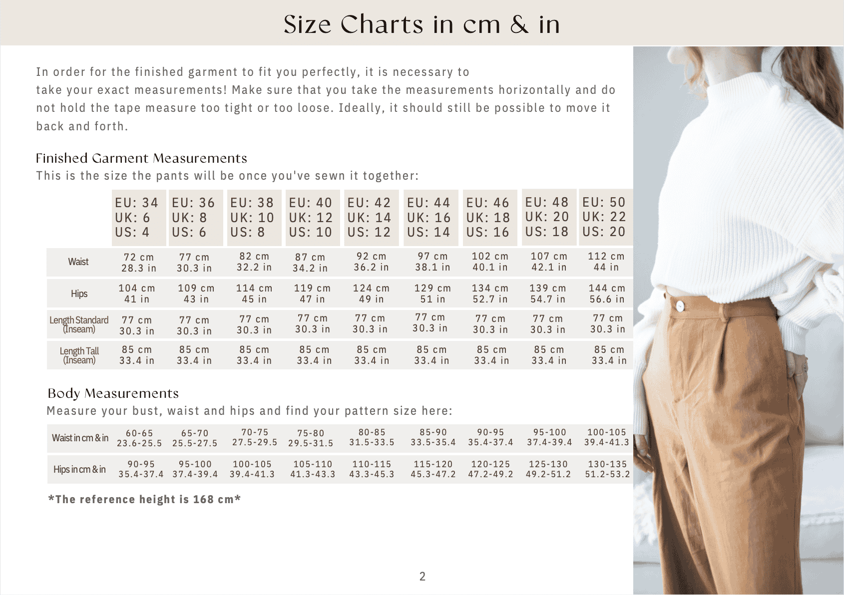 Wide leg trousers size chart in inch and cm