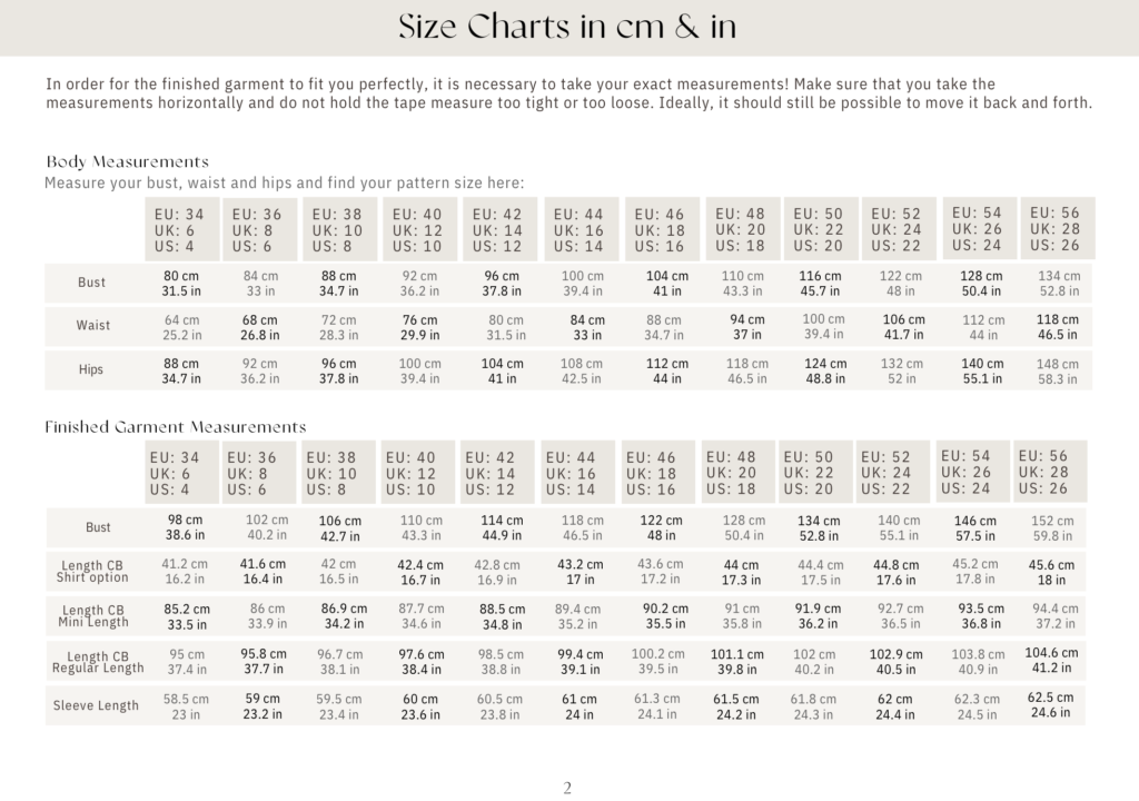 Knit Dress sewing pattern size chart