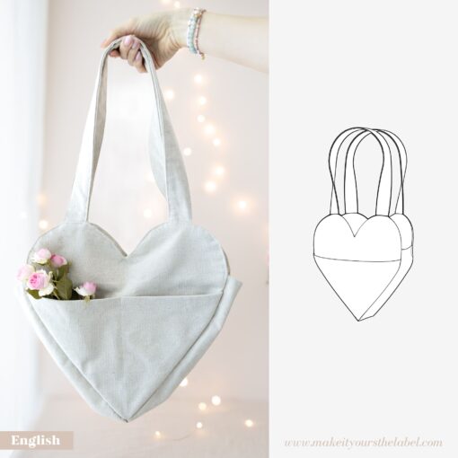 The images shows the heart tote bag on the left, sewn from beige canvas. On the right it shows the technical drawing of the pdf pattern