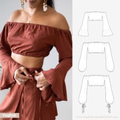 Off-shoulder crop top with elastic – sewing pattern with three sleeve variations: flared, puff sleeve with elastic, and drawstring sleeve – PDF pattern by Make It Yours – The Label
