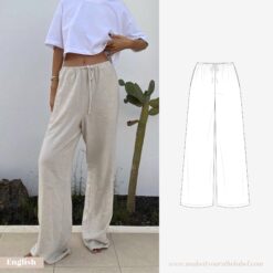 Model wearing wide-leg linen pants with drawstring waistband – digital sewing pattern for women’s trousers. Includes technical drawing and comes with English instructions.