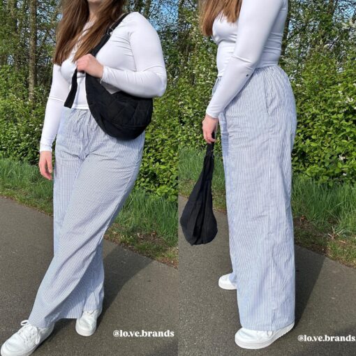 Nähbeispiel lange Baumwollhose mit blau-weißen Streifen