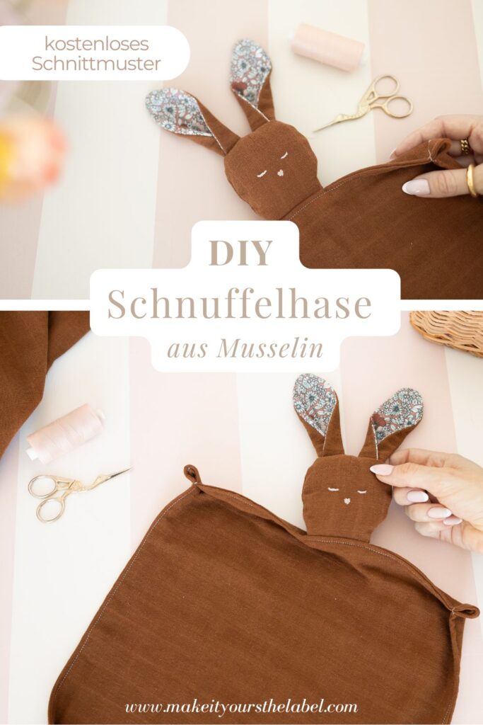 Collage eines selbstgenähten Schnuffelhasen aus braunem Musselin mit gemusterten Hasenohren mit Schere, Garnrolle und zarten Farben im Hintergrund