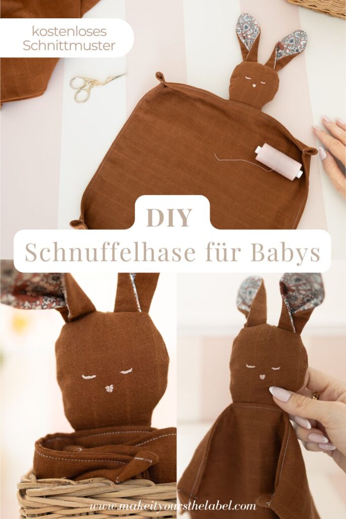 Das Bild zeigt eine Collage mit selbstgenähtem Schnuffelhasen aus braunem Musselin mit gemusterten Ohren gezeigt in mehreren Detailaufnahmen mit Nähzubehör als DIY-Nähidee für Babys,