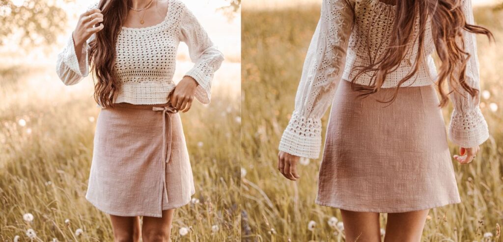 Bild zeigt ein Nähbeispiel: Frau trägt einen selbstgenähten Wickelrock aus rosafarbenem Leinen in A-Linie, kombiniert mit einem gehäkelten Oberteil – genäht mit dem Wickelrock Schnittmuster von Make It Yours – The Label.