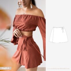 Model wearing a rust-colored mini wrap skirt with waist tie, paired with an off-shoulder crop top – sewing pattern illustration shown on the right. Easy wrap skirt PDF pattern by Make It Yours – The Label.